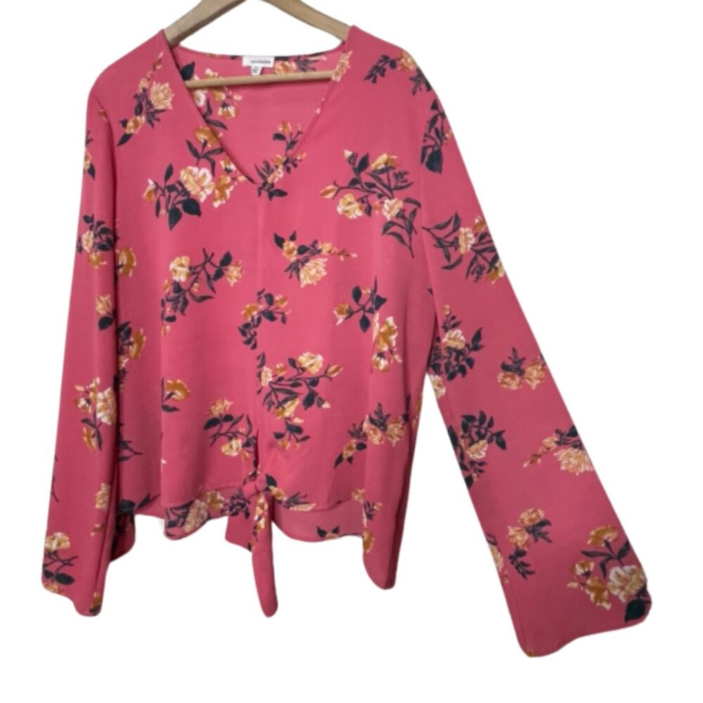 EYESHADOW | Women's Pink Bohemian Long Bell Sleeve Floral Blouse | Size XL - Picture 5 of 12